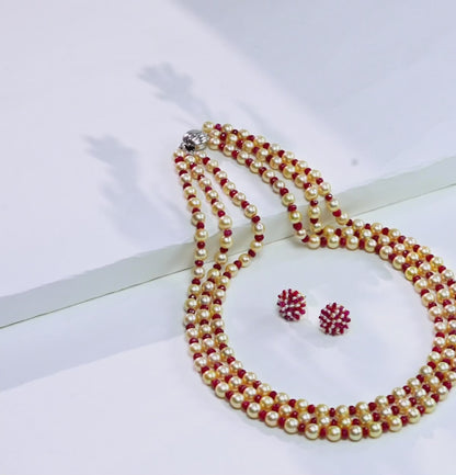Natural Ruby And 6.0-7.0mm Golden Saltwater Akoya Pearls Necklace Set - A Quality