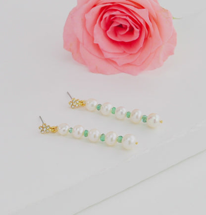 Natural Emerald And Freshwater Near Round Grading Freshwater Pearl Dangling Earrings
