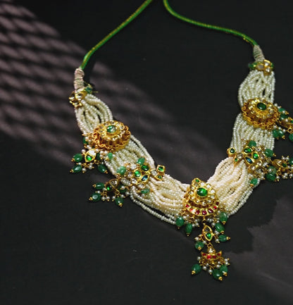 Textured Kundan Polki Pearl  Emerald Choker