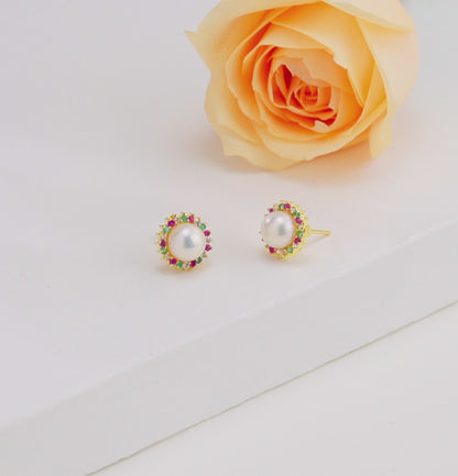 Modern Red Green Freshwater Pearl Studs Earrings