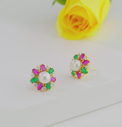 Colorful Red Green Stone Freshwater Pearl Stud Earrings