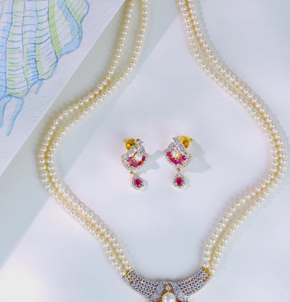 Sparkling Red Stone Freshwater Pearl Necklace Set