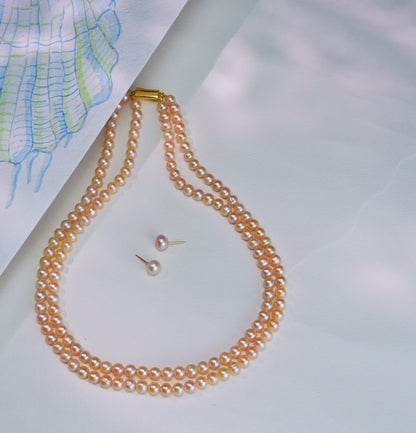 7.0-8.0mm Pink Round Freshwater Pearl Necklace Set - AAA Quality