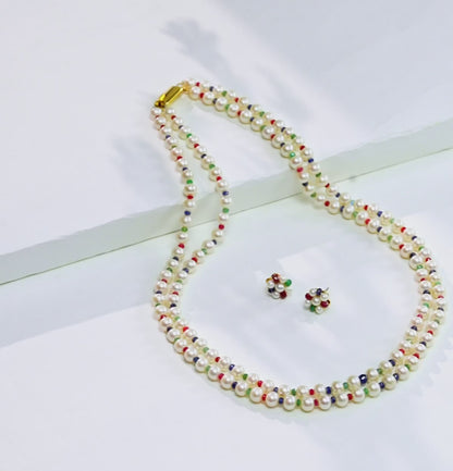 Natural Ruby & Emerald & Sapphire And 6.0-7.0mm Near Round Mix Freshwater Pearl Necklace set-AA Quality