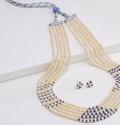 Natural Blue Sapphire And 3.0-4.0 Button Freshwater Pearl Necklace Set - AAA Quality