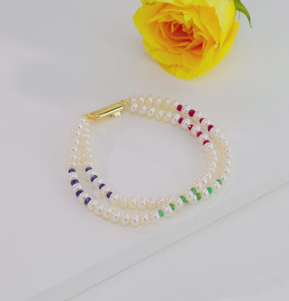 5.0-6.0mm Natural Ruby Emerald Blue Sapphire Button White Freshwater Pearl Bracelet