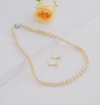 7.0-8.0mm Golden Round Akoya Saltwater Pearl Necklace Set - AAA Quality