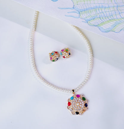 Dainty Navratna Multicolor Freshwater Pearl Necklace Set