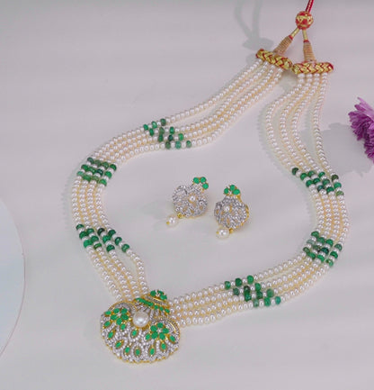 Natural Emerald With Button Freshwater Pearl Necklace Set