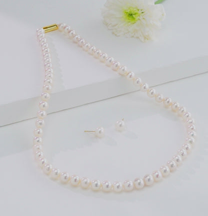 7.0-8.0mm White Round Freshwater Pearl Necklace Set - AAA Quality