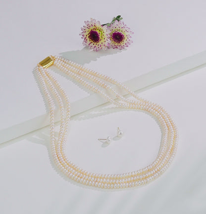 3.0-4.0mm White Button Freshwater Pearl Necklace Set - AA