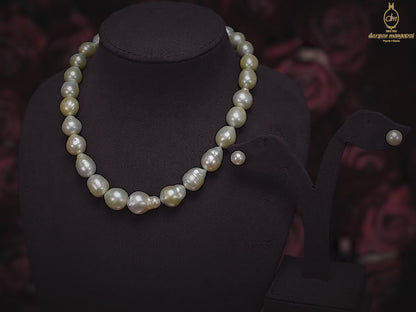 14.0-15.0mm Baroque Cream Saltwater South Sea Pearls Necklace Set-A Quality