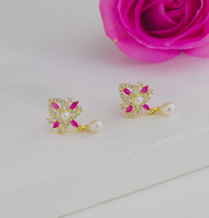 Estelle Red Stone Freshwater Pearl Stud Earrings