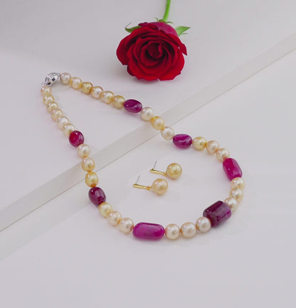 Natural Ruby Beads and 11.0-12.0mm Golden Near Round South Sea Pearl Necklace Set -A Quality