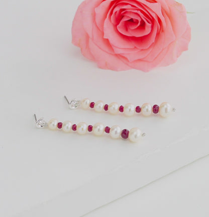 Natural Ruby And Near Round White Grading Freshwater Pearl Hanging Earrings