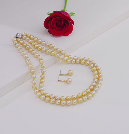 8.0-9.0mm Golden Near Round Ringed South Sea Pearl Necklace Set - A Quality