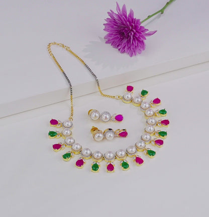 Feminine Drop Red Green Multicolor Freshwater Pearls Choker Set