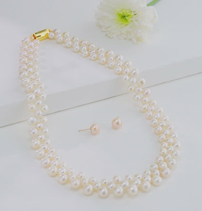 6.0-7.0mm White Button Fancy Freshwater Pearl Necklace Set- A Quality
