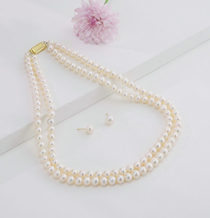 7.0-8.0mm Round White Freshwater Pearl Necklace Set - AA Quality
