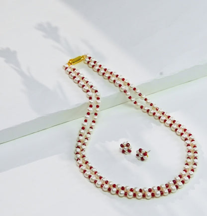 Natural Ruby And 6.0-7.0mm White Near Round Freshwater Pearl Necklace Set AA Quality