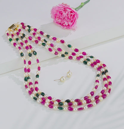 Natural Ruby & Emerald Beads and 6.0-7.0mm Golden Akoya Saltwater Pearls Necklace Set - A Quality