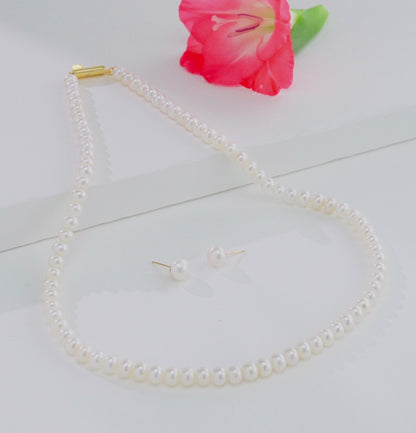 5.0-6.0mm White Button Freshwater Pearl Necklace Set - A Quality