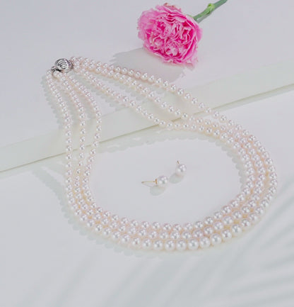 Grading White Round Saltwater Akoya Three-Line Pearl Necklace Set - AAA Quality
