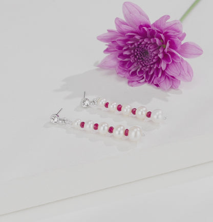 Natural Ruby And Near Round White Grading Freshwater Pearl Hanging Earrings