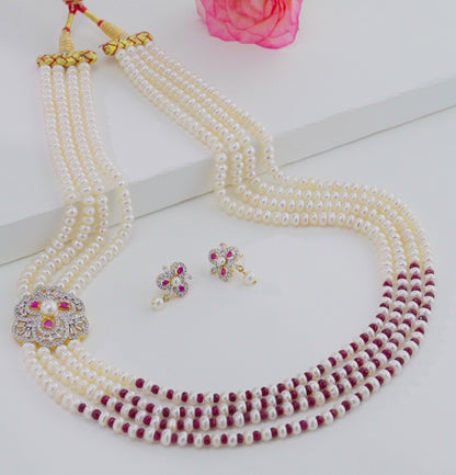Beautiful Natural Ruby Side Piece Freshwater Pearl Necklace Set