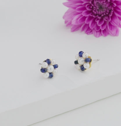 Natural Blue Sapphire Near Round White Freshwater Pearl Stud Earrings