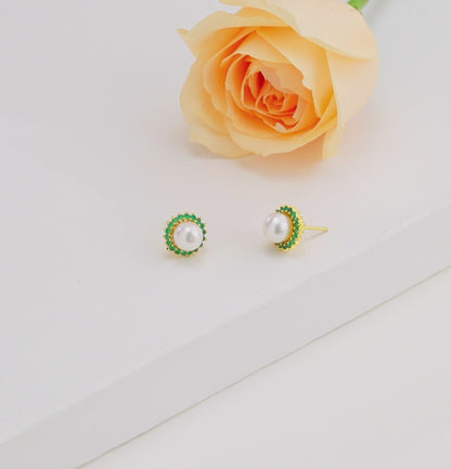 Intricate Green Stone Freshwater Pearl Studs Earrings