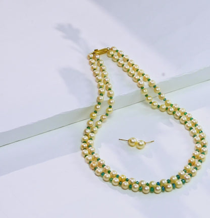Natural Emerald and Golden  Akoya SaltwaterPearls Necklace Set - A Quality