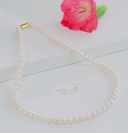 8.0-9.0mm White Near Round Freshwater Pearl Necklace Set - AA Quality