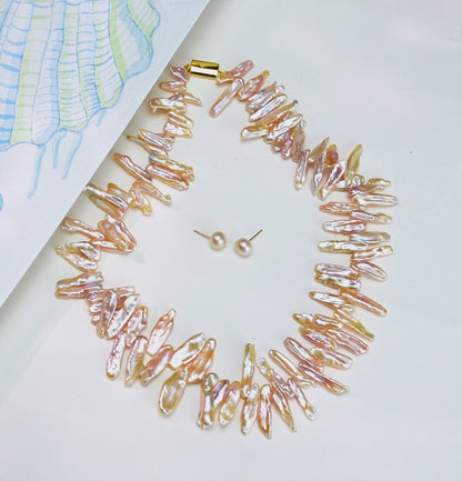 4.0-5.0mm Pink Baroque Fancy Freshwater Pearl Necklace Set - AA Quality