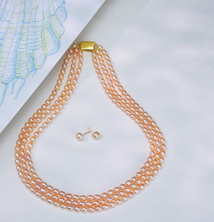 7.0-8.0mm Pink Drop Freshwater Pearl Necklace Set - A Quality