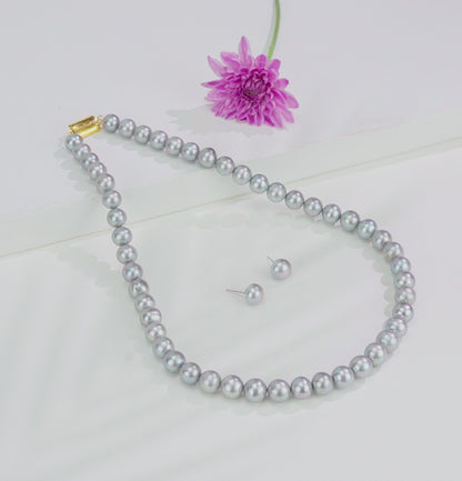 9.0-10-0mm Grey Near Round Freshwater Pearl Necklace Set - AA Quality