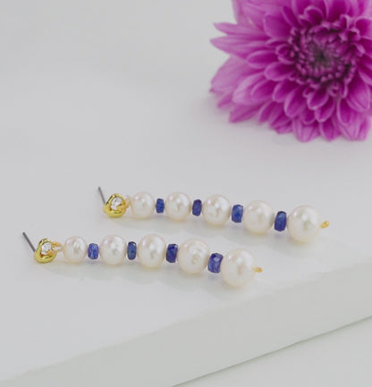 Natural Blue Sapphire Near Round White Grading Freshwater Pearl Hanging Earrings