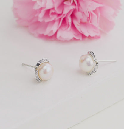 Radiance White Stone Freshwater Pearl Stud Earrings