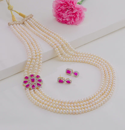 Elegant Red Stone Side Piece Freshwater Pearl Necklace Set