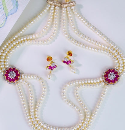 Floral Red Stone Side Pieces Freshwater Pearl Necklace Set