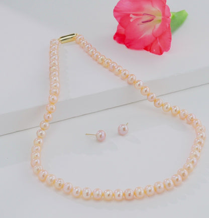 6.0-7.0mm Pink Near Round Freshwater Pearl Necklace Set - AA Quality