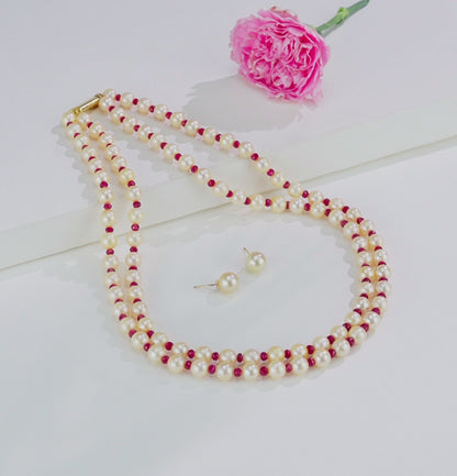 Natural Ruby and 7.0-8.0mm Golden Akoya Saltwater Pearls Necklace Set - A Quality