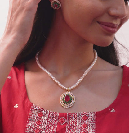 Marbled Red Green Stone Freshwater Pearl Necklace Set