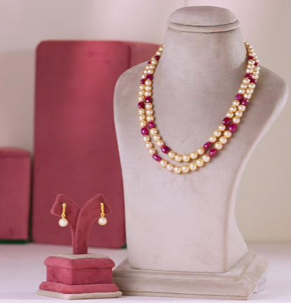 Natural  Ruby Beads and 7.0-8.0mm Golden Akoya Saltwater Pearls Necklace Set - AAA Quality