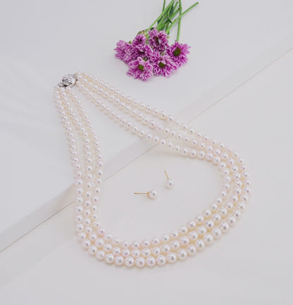 Grading White Round Saltwater Akoya Three-Line Pearl Necklace Set - AAA Quality