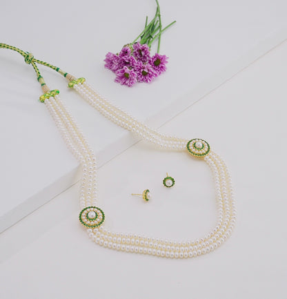 Charming Green Stone Side Piece Freshwater Pearl Necklace Set