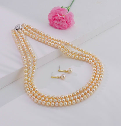 6.0-7.0mm Golden Round Akoya Saltwater Pearls Necklace Set - AA Quality