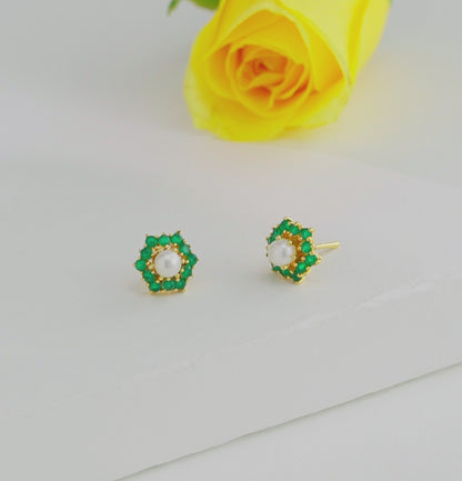 Brilliant Green Stone Freshwater Pearl Stud Earrings