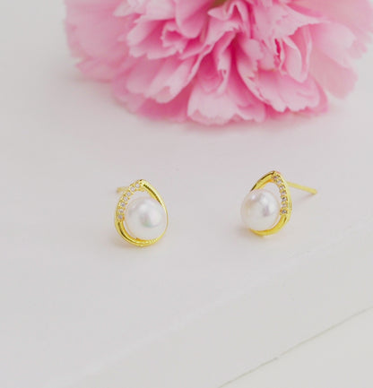 Enduring White Stone Freshwater Pearl Stud Earrings