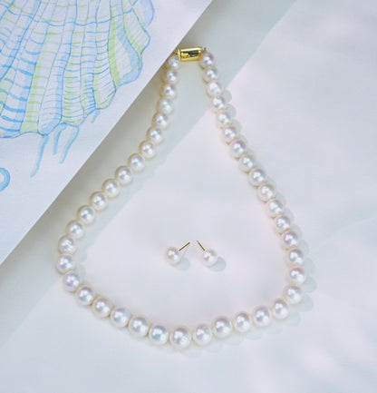 10.0-11.0mm White Round Freshwater Pearl Necklace Set - AAA Quality